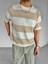 Erkek Yazlık Örme Bisiklet Yaka Oversize Çizgi Desenli Örme Triko T-Shirt Bej 1