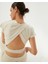 Krema Sırt Dekolteli Drape Detaylı Crop Kısa Kollu Bluz 1