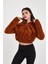 Kahverengi Crop Sweatshirt, Peluş Sweatshirt, Kadın Sweatshirt, Fermuarlı Yaka Sweatshirt 2