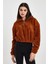 Kahverengi Crop Sweatshirt, Peluş Sweatshirt, Kadın Sweatshirt, Fermuarlı Yaka Sweatshirt 4
