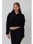 Siyah Crop Sweatshirt, Peluş Sweatshirt, Kadın Sweatshirt, Fermuarlı Yaka Sweatshirt 2