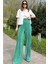 Kadın Yeşil Beli Lastikli, Yüksel Bel, Salaş Kesim, Bol Paça Bürümcük Pantolon 1