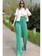 Kadın Yeşil Beli Lastikli, Yüksel Bel, Salaş Kesim, Bol Paça Bürümcük Pantolon 3