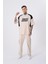 Erkek Contrast Shoulder Detail Baskılı Oversize Açık Bej Tişört 3