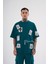Erkek Printed Patched Baskılı Oversize Petrol Yeşili Tişört 1