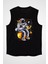 Yıldız Tutan Balıkçı Astronot Siyah Unisex Kolsuz Kesik Kol T-Shirt 1