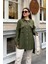 Kadın Haki Balon Kol, Pileli, Yırtmaçlı, Oversize, Keten Tunik Gömlek 5