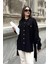 Kadın Siyah Balon Kol, Pileli, Yırtmaçlı, Oversize, Keten Tunik Gömlek 1