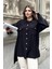 Kadın Siyah Balon Kol, Pileli, Yırtmaçlı, Oversize, Keten Tunik Gömlek 2