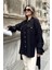 Kadın Siyah Balon Kol, Pileli, Yırtmaçlı, Oversize, Keten Tunik Gömlek 3