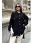 Kadın Siyah Balon Kol, Pileli, Yırtmaçlı, Oversize, Keten Tunik Gömlek 4