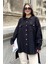 Kadın Siyah Balon Kol, Pileli, Yırtmaçlı, Oversize, Keten Tunik Gömlek 5