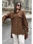 Kadın Kahve Balon Kol, Pileli, Yırtmaçlı, Oversize, Keten Tunik Gömlek 1