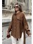 Kadın Kahve Balon Kol, Pileli, Yırtmaçlı, Oversize, Keten Tunik Gömlek 2