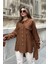 Kadın Kahve Balon Kol, Pileli, Yırtmaçlı, Oversize, Keten Tunik Gömlek 3