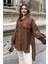 Kadın Kahve Balon Kol, Pileli, Yırtmaçlı, Oversize, Keten Tunik Gömlek 4