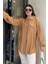 Kadın Taba Balon Kol, Pileli, Yırtmaçlı, Oversize, Keten Tunik Gömlek 4