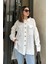Kadın Beyaz Balon Kol, Pileli, Yırtmaçlı, Oversize, Keten Tunik Gömlek 1
