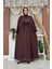 Bel Bilek Kısımları Taşlı Elbiseli Abaya Takım 8490 Kahverengi 2
