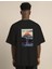 Unisex Bisiklet Yaka Baskılı Oversize T-Shirt - Siyah 4