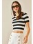 Beyaz Bisiklet Yaka Çizgili Triko Crop Bluz 5YXK2-48371-01 1
