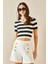 Beyaz Bisiklet Yaka Çizgili Triko Crop Bluz 5YXK2-48371-01 2