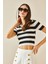 Beyaz Bisiklet Yaka Çizgili Triko Crop Bluz 5YXK2-48371-01 4