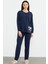 Baskı Detaylı Uzun Kol Krep Takım - Lacivert 1
