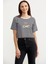 Parlak Baskılı Çizgili Crop T-Shirt - Siyah 3