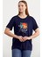 Omuz Düğme Detaylı Baskılı T-Shirt - Lacivert 2