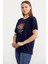 Omuz Düğme Detaylı Baskılı T-Shirt - Lacivert 3