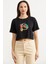 Oversize Baskılı Crop T-Shirt - Siyah 1