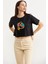 Oversize Baskılı Crop T-Shirt - Siyah 2
