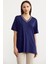 Yaka Detaylı Dökümlü T-Shirt - Indigo 2