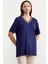 Yaka Detaylı Dökümlü T-Shirt - Indigo 3