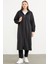 Büyük Beden Kapüşonlu Fermuarlı Uzun Trençkot - Siyah 1