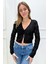 Kadın Onldana V Yaka Delik Desenli Örme Crop Hırka 15318445 Siyah 1