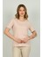 Kadın Çizgili Bisiklet Yaka Kısa Kol Bluz 1E027 Pudra 1