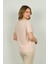 Kadın Çizgili Bisiklet Yaka Kısa Kol Bluz 1E027 Pudra 4