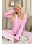 Toz Pembe Çizgi Desenli Bambu Önden Düğmeli Uzun Kol Kadın Pijama Takımı 2