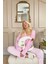 Toz Pembe Çizgi Desenli Bambu Önden Düğmeli Uzun Kol Kadın Pijama Takımı 4