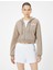 Crop Fermuarlı Sweatshirt Kapüşonlu Cep Detaylı Baskılı Pamuklu 3