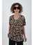 V Yaka Leopar Desenli Oversize Tshirt 1