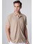 Slim Fit Dar Kesim Kısa Kollu Nefes Alan Örme Doku Armür Desenli Yazlık Taş Renk Erkek Gömlek 2