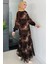 Kahve Bisiklet Yaka Desenli Fırfırlı Tesettür Şifon Elbise P-00010159 3
