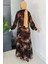 Kahve Bisiklet Yaka Desenli Fırfırlı Tesettür Şifon Elbise P-00010159 4