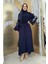 Bym Fashion Nakış Işleme Detaylı Bel Kuşaklı Abaya 7898 Lacivert 1