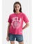 Avalon Pembe Bisiklet Yaka Baskılı Oversize Kadın Tshirt 1