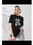 Kadın Bisiklet Yaka Baskılı T-Shirt Siyah 1