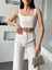 Camel Çizgili Crop Pantolon Keten Takım 1
